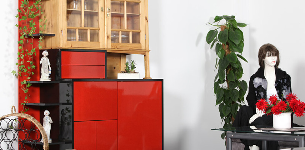 Ein Kasten aus Holz, Glas und einer roten Fassade steht in einem Wohnraum. Rechts im Bild befindet sich ein kleiner Glastisch und eine Pflanze in der Ecke.