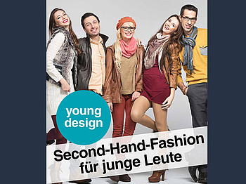 Ein Werbeplakat der Carla zeigt fünf junge Leute mit Second-Hand-Fashion. 