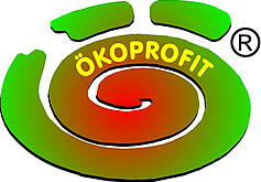 Logo von Ökoprofit. Es ist eine rot-grüne dicke Spirale. 